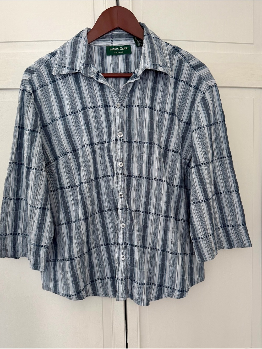 Lemon Grass Blue Stripe Button-Front Women's Blouse